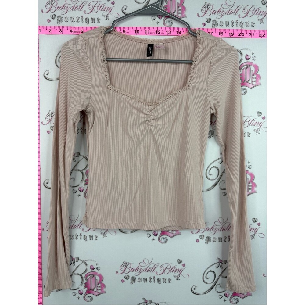 Divided long sleeve Ribbed Lace-Trim Square Neck Long Sleeve Top - Blush